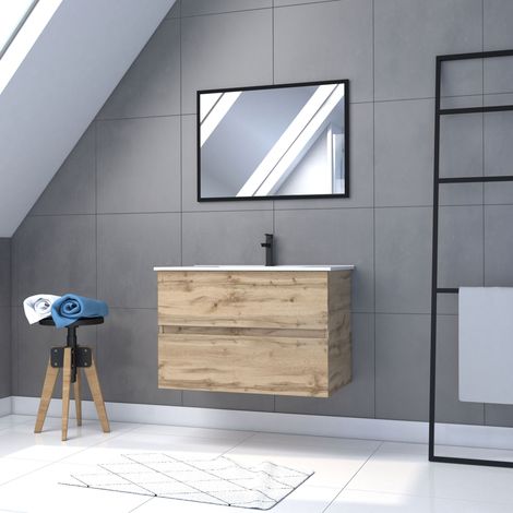 Mueble de baño 80cm Suspendido Acabado Roble - Lavabo Blanco+ Espejo - TIMBER 80 - Pack35