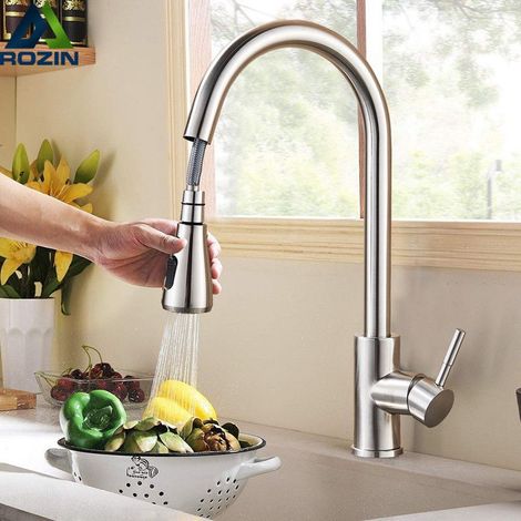 Robinet de cuisine en acier inoxydable – Douchette extensible 360°, mitigeur monocommande à arc haut avec 3 modes de pulvérisation (1/5)