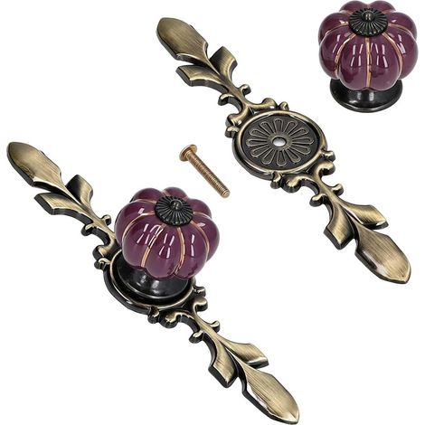 Juego de 2 pomos de cerámica para armarios, pomos de cerámica con forma de calabaza para cajones de armarios de cocina, cómodas y armarios (morado) (1/5)
