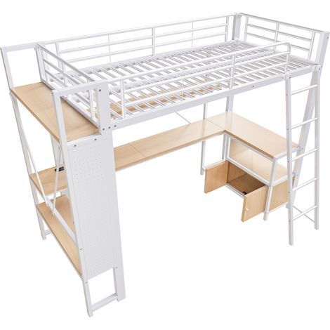 Lit mezzanine 90 x 200 cm en métal blanc avec bureau, rangements, LED et USB (1/5)