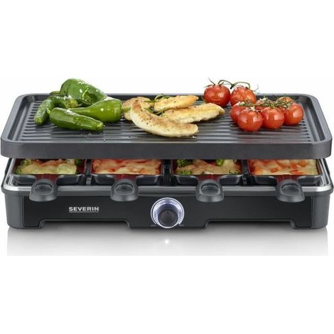 SEVERIN Raclette Grill, Raclette con plancha grande, revestimiento cerámico y antiadherente, 8 sartenes para raclette y 8 espátulas, grill de mesa para hasta 8 personas, 1.400 W negro, RG 9670 (1/5)
