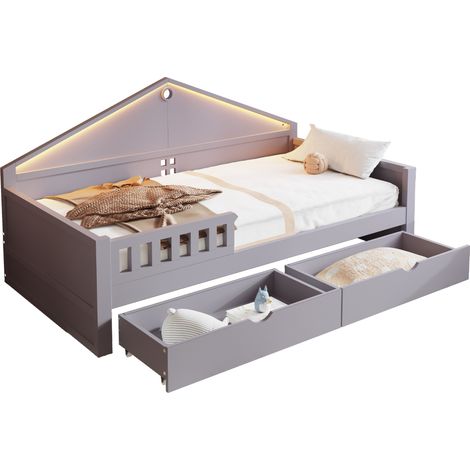 Lit simple 90x200 cm avec LED, 2 tiroirs, sommier à lattes, en bois et MDF, gris, pour chambre enfant et ado  CHICFURN (1/5)