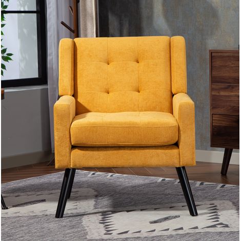 REDOM - Fauteuil rembourré, capitonnage décoratif, coussin épais, pieds en bois massif, tissu en lin, jaune (1/5)