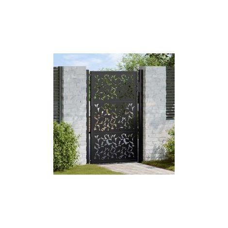Portail de jardin noir 105x155 acier conception de feuilles (1/5)