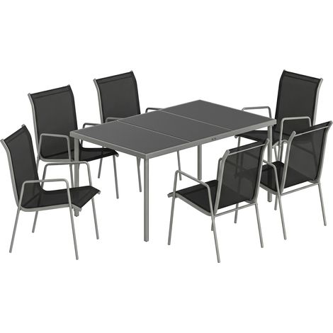 Set 7 Pezzi da Esterno con 6 Sedie Impilabili in Texteline e Tavolino da Caffè con Piano in Vetro in Acciaio Nero e Argento (1/5)