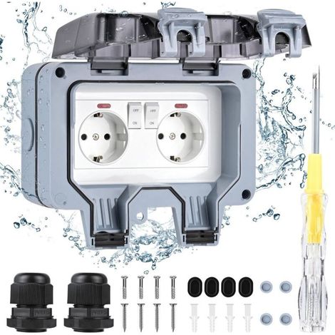 Prise Etanche Exterieur IP66. 2 Prise de Courant et Volet de Protection Multiprise Electrique. Anti Poussière Prise Électriques Murale pour Cuisine. Salle de Bain. Garage. Piscine et Gardin (1/5)