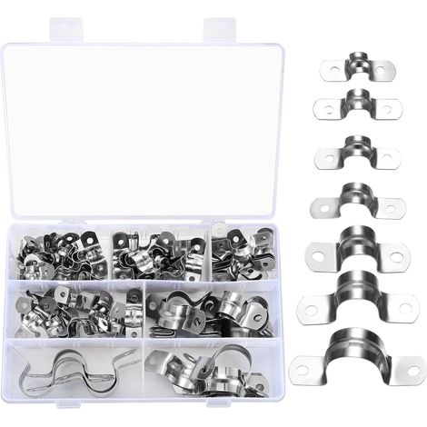 90 Pcs Stainless Steel U‑Shaped Pipe Clamps, Two‑Hole Pipe Straps, 7 Sizes, Rust‑Resistant Assortment for Tubing, Conduit, Hose and Cable Routing, Organized in Storage Box