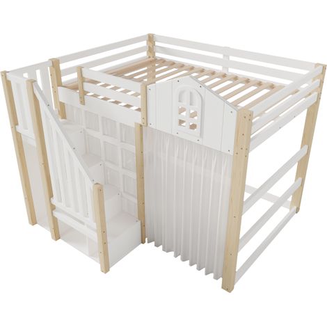 Letto a soppalco 140x200 cm con LED, scala contenitore, tenda in garza, bianco e naturale (1/5)