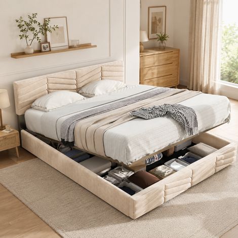 Lit Rembourré 140x200 cm avec Sommier à Lattes, Tête de Lit Réglable et Revêtement Velours, Beige