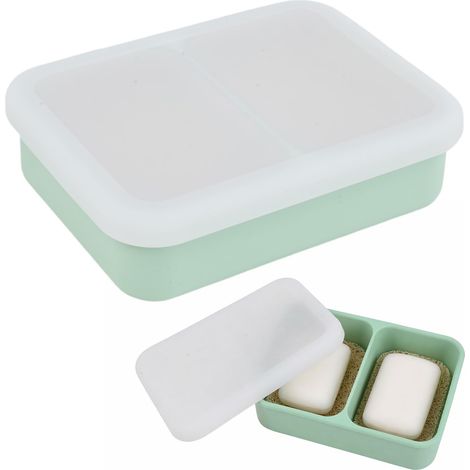BoîTe à Savon de Voyage éTanche en Silicone, avec Grille D'éGouttage et Couvercle Transparent, Double Compartiment pour Shampoing Solide, Couleur Verte avec 2 Tapis e'éGouttage (1/5)
