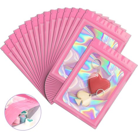 100 Pieces Smell Proof Mylar Resealable Bags, Holographic Packaging Bags, Resealable Odor Foil Pouch Zip Bags with Clear Window for Food Storage and Lipgloss, Jewelry Lash(Pink, 4.3 x 7.5 Inch) (1/5)