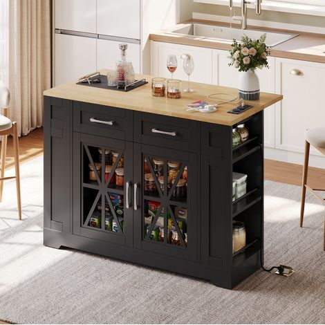 Kücheninsel 120 cm mit Klapptisch, AC-/USB-Anschluss, Glas­türen und Rollen mit Bremse (1/5)