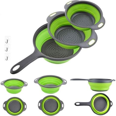 Passoire Poignée Passoire Ronde Pliable à Poser au-Dessus du Lavabo 3Pcs Silicone pour Fruits et Légumes, Passoire avec Poignées (1/3)