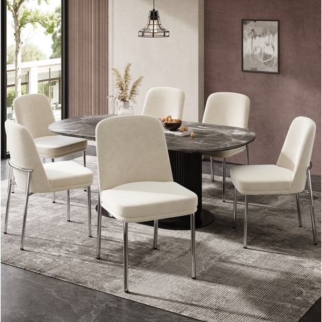 Set di 6 sedie da sala da pranzo in tessuto sherpa beige con seduta imbottita e gambe in legno (1/5)