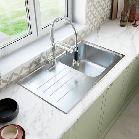 Stainless Steel Single Bowl Kitchen Sink Square Left Hand Modern Drainer Wastes (1/5)