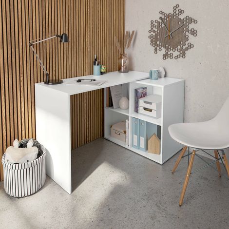 Dmora - Escritorio - Escritorio de esquina, Mesa de oficina multiusos, Escritorio multiposición que ahorra espacio, 152x49h74 cm, Blanco (1/5)
