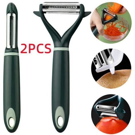 Éplucheur de légumes - Multifonctionnel - Acier inoxydable - Design ergonomique - Vert foncé - 2 pièces (1/4)