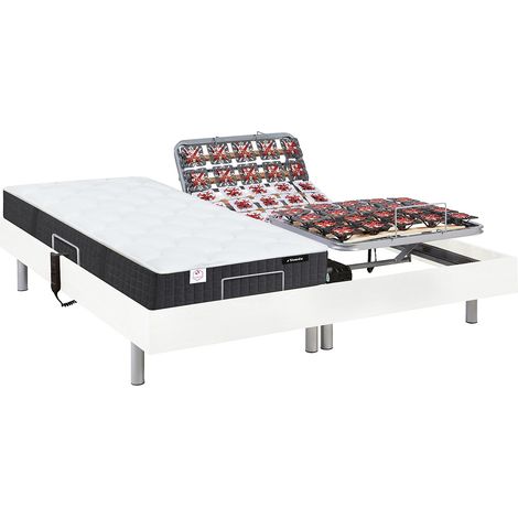 Vente-Unique – Lit électrique de relaxation 2 x 80 x 200 cm – Matelas ressorts ensachés et mémoire de forme – Technologie tout plots – Blanc