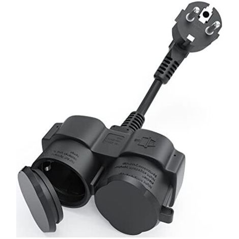 Rallonge avec prises Schuko, fiche double en caoutchouc pour usage extérieur, prise extérieure 2 en 1, étanche IP44 pour jardin, cuisine, noir (1/5)