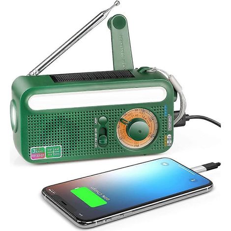 Radio météo d'urgence NOAA AM/FM, lampe torche LED, batterie externe 2000 mAh, chargeur de téléphone, alerte ouragan, vert, pour la maison et le camping (1/5)