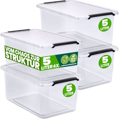 DEUBA® Aufbewahrungsbox mit Deckel verschiedene Größen Box Kunststoff Kisten lebensmittelecht BPA frei klein Klickverschluss transparent stapelbar Küche Schlafzimmer 4x 5L
