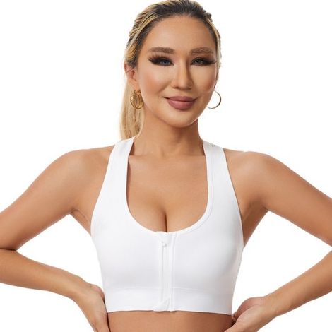 Soutien-gorge de sport femme avec fermeture éclair sur le devant - Sans armatures, en maille respirante et dos nageur - Yoga, fitness et course à pied - Blanc - XXL (1/5)