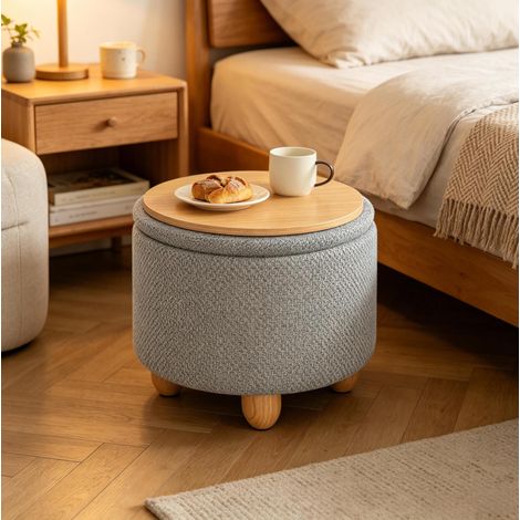 Pouf contenitore rotondo 39 × 33 cm grigio chiaro con seduta imbottita e vassoio (1/5)