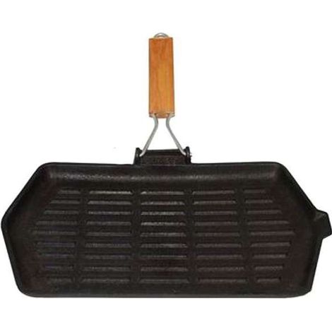Borella REL288 Bistecchiera in Ghisa Rettangolare 35x21 cm Superficie Rigata Manico in Legno Pieghevole Induzione colore Nero