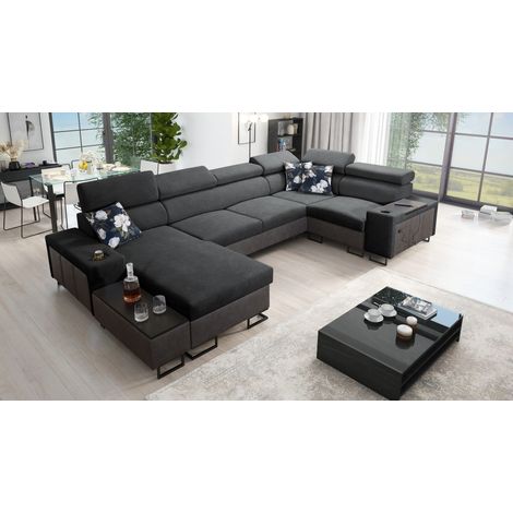 Großes Ecksofa für das Wohnzimmer mit Bar und Schlaffunktion MELODY IV MINI Tauro/Freya Graphit/Anth (1/5)