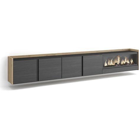Skraut Home - Mueble TV, Televisión, Muebles de salón, almacenaje, 315x35x50cm, Para TV hasta 80", Chimenea eléctrica XXL, Colgado, Suspendido, Estilo Moderno, Negro y roble (1/5)