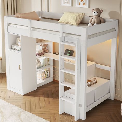Lit mezzanine 90x200 cm, blanc, avec rangements intégrés : penderie, étagères, bureau, éclairage LED et prise USB, lit surélevé avec espace de travail (1/5)
