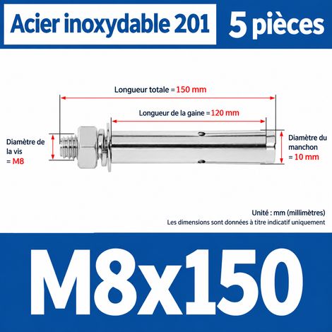 Goujon d'ancrage à expansion M8 x 150 mm inox 201 lot de 5 m8 150 5 pièces 1 kg – Livraison gratuite