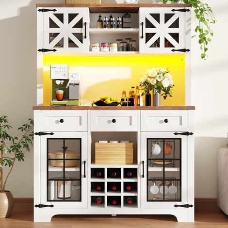 Armoire haute, meuble de cuisine, LED, buffet de cuisine, meuble d'appoint, casier à vin et dispositif anti-basculement, étagères intégrées réglables (1/5)