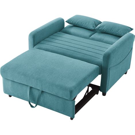 Divano letto a 2 posti estraibile in lino cotone blu-verde con schienale regolabile (1/5)