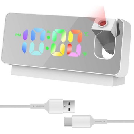 Réveil Projecteur - Projection 180° sur Mur ou Plafond - Affichage Heure Température - Mode Nuit Réglable - Alimentation USB avec Batterie de Secours - 1 Pièce (1/5)