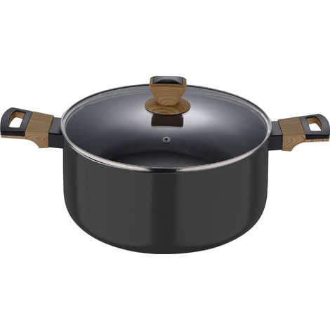 Bergner - Casseruola 28x15,5cm in alluminio con maniglie soft touch effetto legno e coperchio in vetro, linea Earth Black induzione (1/4)