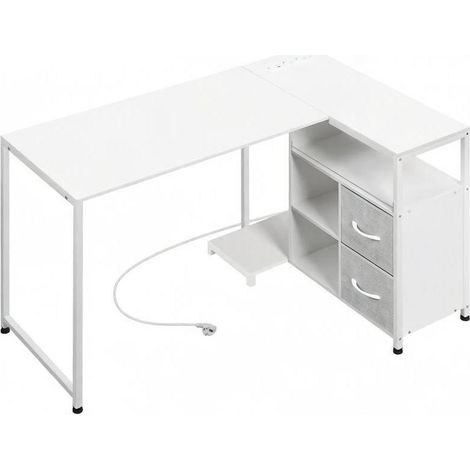 Bureau d’angle réversible blanc avec prise intégrée, 3 niches, 2 tiroirs tissu et structure métal, pour bureau et chambre, 80 x 120 x 75 cm - CHICFURN (1/5)