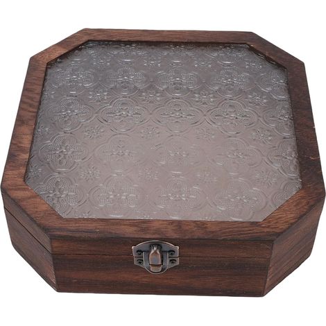 Boîte à Bijoux Octogonale en Bois avec Couvercle en Verre, Rangement en Bois de Paulownia pour le Maquillage et les Souvenirs, Motif Floral (1/5)