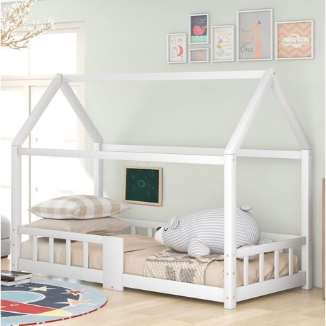 DESVIAE Lit enfant cabane 90 x 200 cm avec tableau et barrières de sécurité en bois de pin blanc sommier à lattes inclus (1/5)