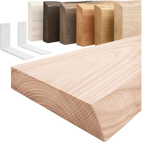LAMO Manufaktur étagère murale en bois massif, irrégulier, étagère de rangement Basic, bois brut / équerre blanche 90cm, LW-01-A-001-90LW