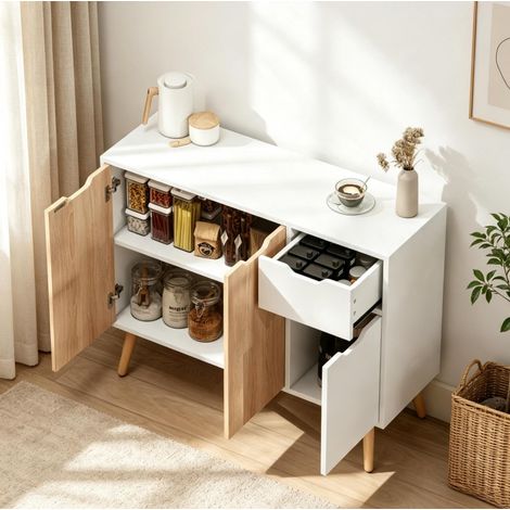 Sideboard mit Schubladen und Türen, 90 x 30 x 72 cm, weiß und helle Eiche OKMYHOME (1/5)