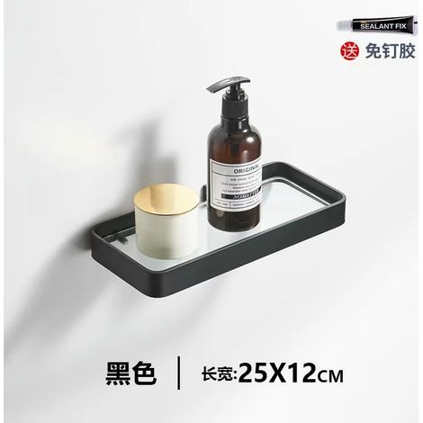 Étagère de salle de bain (25 cm) en aluminium, étagère de douche en verre, finition noire, panier de rangement à ventouses, accessoire de salle de bain (1/5)
