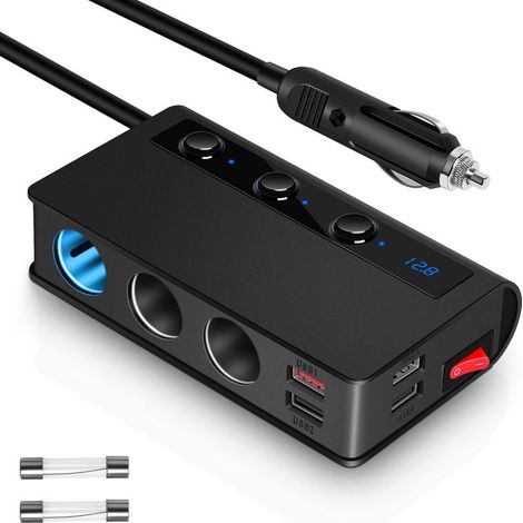 QC 3.0 180W USB-Kfz-Ladegerät mit separatem Schalter, 3-fach Zigarettenanzünder-Splitter, 4 Schnelllade-USB-Anschlüssen, Schnelllade-Kfz-Ladeadapter für iPhone, iPad und GPS (1/5)