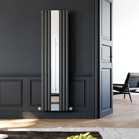 ELEGANT Central Heating Radiator 1800 x 500mm Vertical Anthracite Oval Column Panel Heating with Mirror + Angled Radiator Valves (1/5)