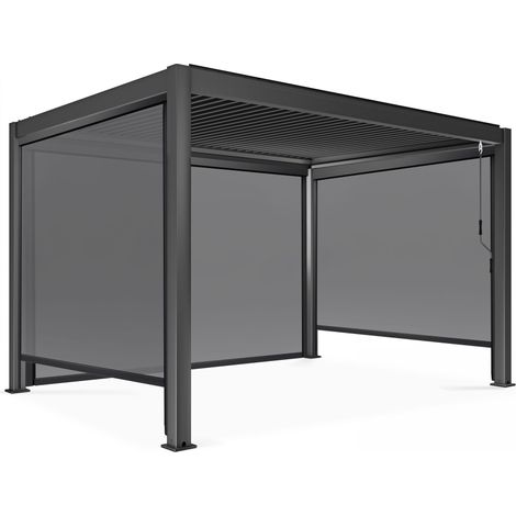 Oviala – Pergola bioclimatique autoportée 3 x 4 m – Lames orientables en aluminium – 4 gouttières pour évacuation des eaux – 3 stores verticaux en PVC