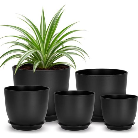 5 Pièces Pot de Fleur avec Soucoupes, 17.8/16/14/12.5/11.5 cm Pot Plante Plastique, Petit Cache Pot, pour Interieur Exterieur Jardin Succulentes Herbes-Noir (1/5)