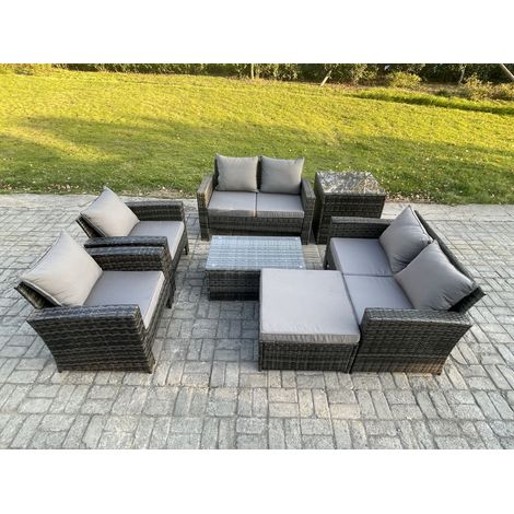 Fimous Garden Furniture Sets 7 Pieces Outdoor Rattan Furniture Manual Wicker Patio Sofa Chair Set with Coffee Table Big Footstool Side Table Dark Grey Mixed (1/5)