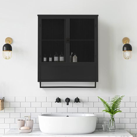 Armario de pared 60x23x78 cm de metal y vidrio negro con almacenaje para baño -FLORAGRACE (1/5)