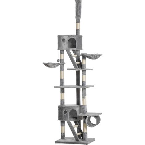 Arbre à chat XXL plafond 240-260 cm, grand griffoir stable avec niches, panier, tunnel et sisal, gris clair - CHICFURN (1/5)