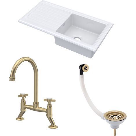 Fireclay Kitchen Bundle - 1 Bowl Sink & Drainer with Waste & Bridge Crosshead Tap, 1010mm - Brushed Brass (1/5)